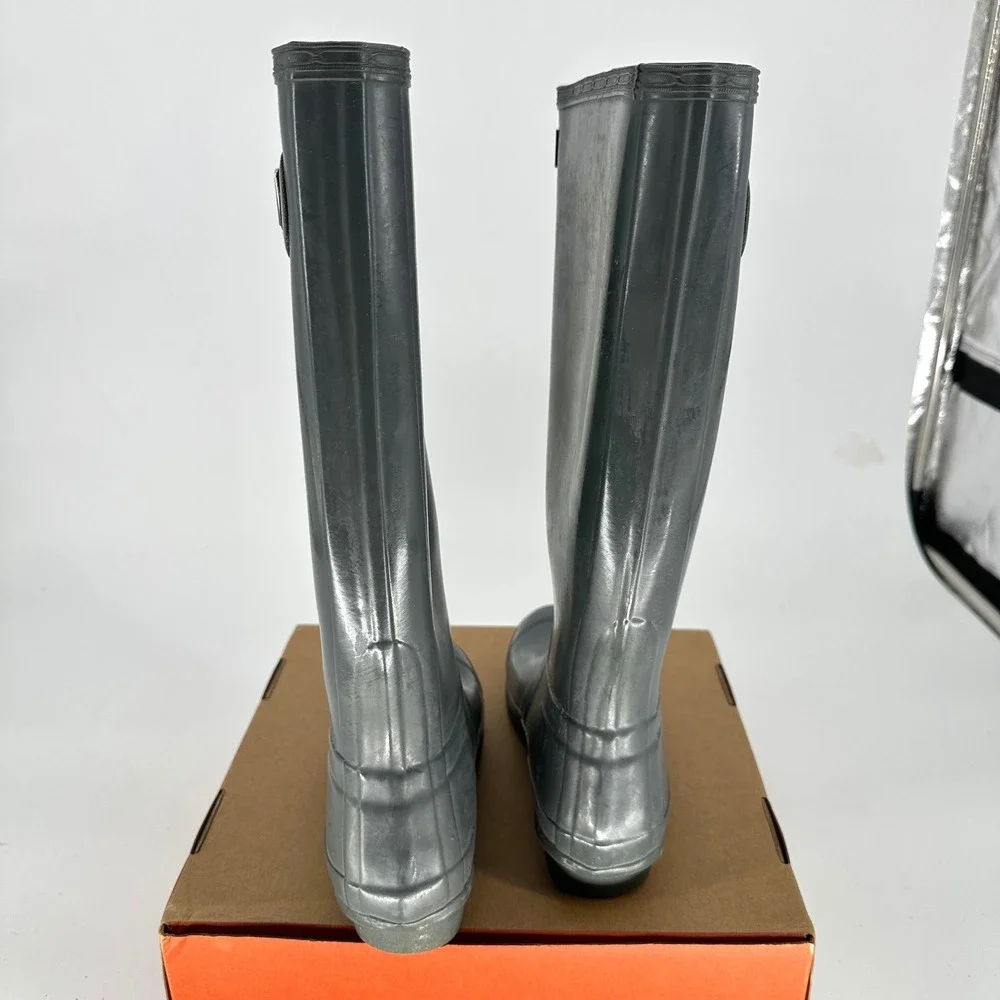 Hunter Tall Glossy Gray Side Buckles‎ Rain Boots Waterproof Women's 37 USA 6
